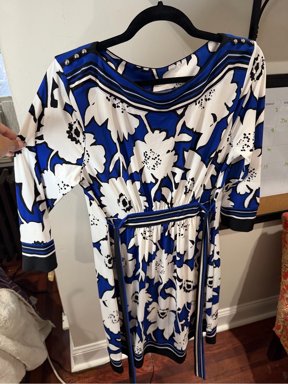 New York & Company Blue, White & Black Floral Midi Dress